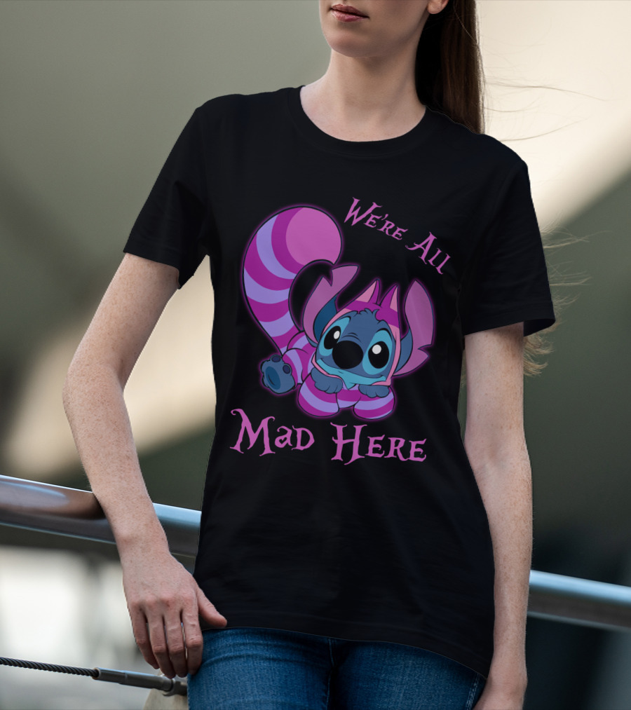 Stitch And Cheshire Cat We're All Mad Here Crossover T-Shirt