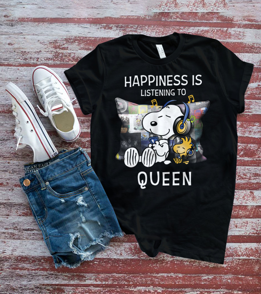 Happiness Is Snoopy And Woodstock Listening To Queen Music T-Shirt