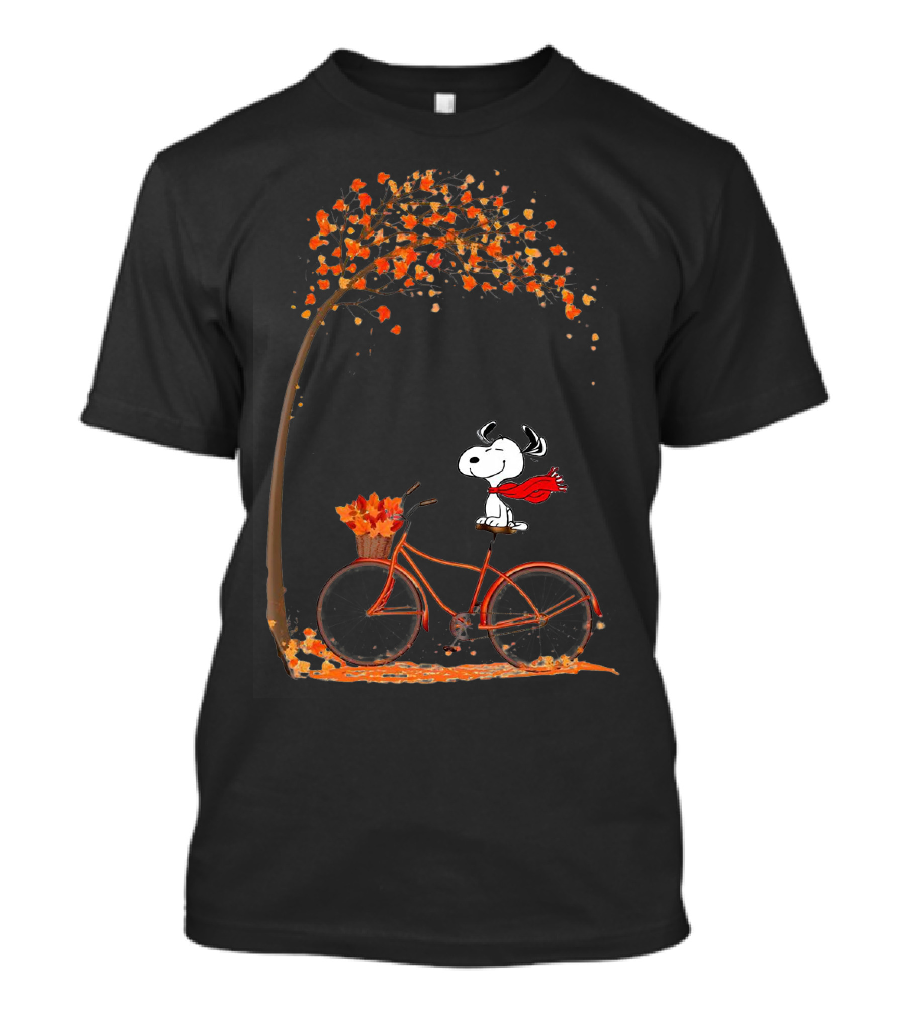 Snoopy Enjoying Autumn Leaves Bicycle Ride Under Fall Tree T-Shirt