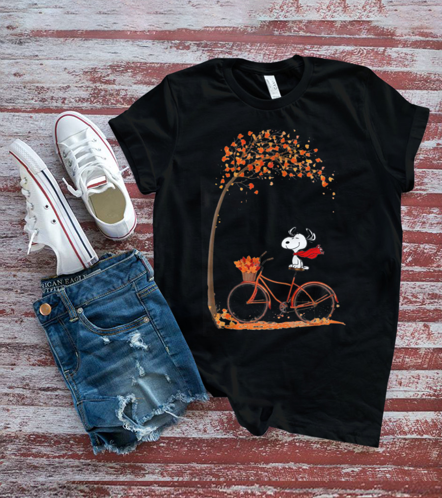 Snoopy Enjoying Autumn Leaves Bicycle Ride Under Fall Tree T-Shirt