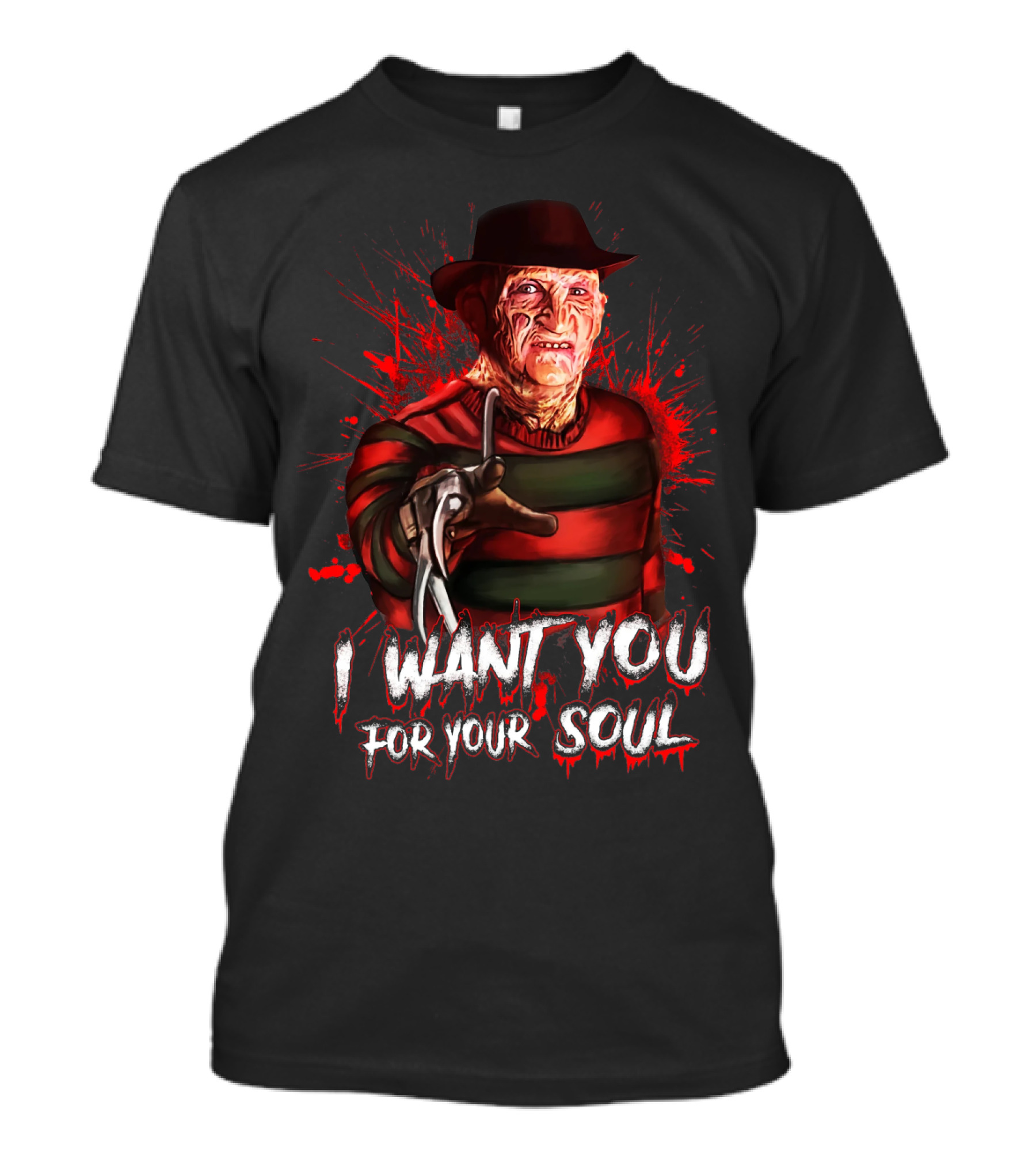 Freddy Krueger I Want You For Your Soul Horror Icon With Red And Green Stripes And Claw Glove T-Shirt