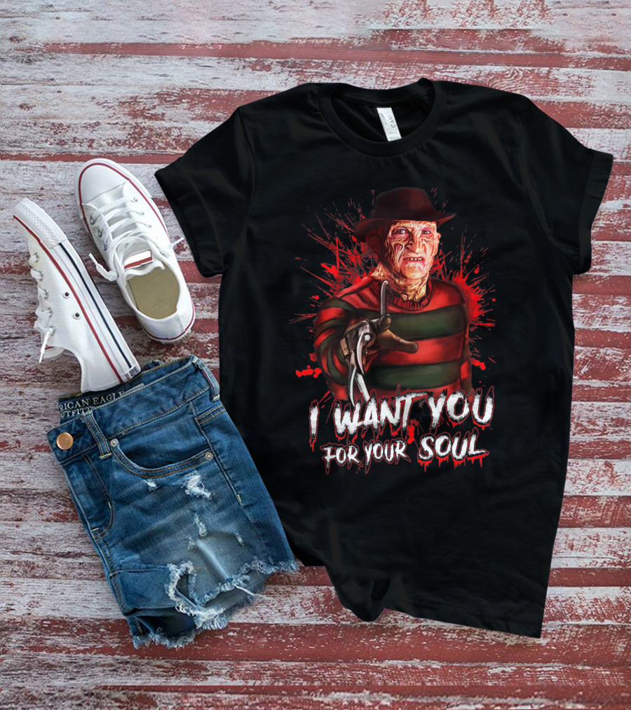 Freddy Krueger I Want You For Your Soul Horror Icon With Red And Green Stripes And Claw Glove T-Shirt