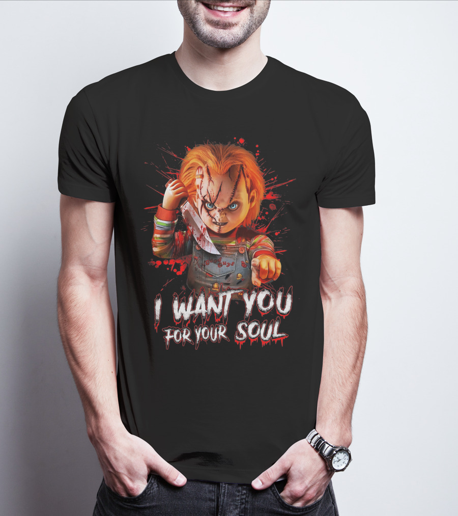 Chucky Horror Character With Knife I Want You For Your Soul T-Shirt
