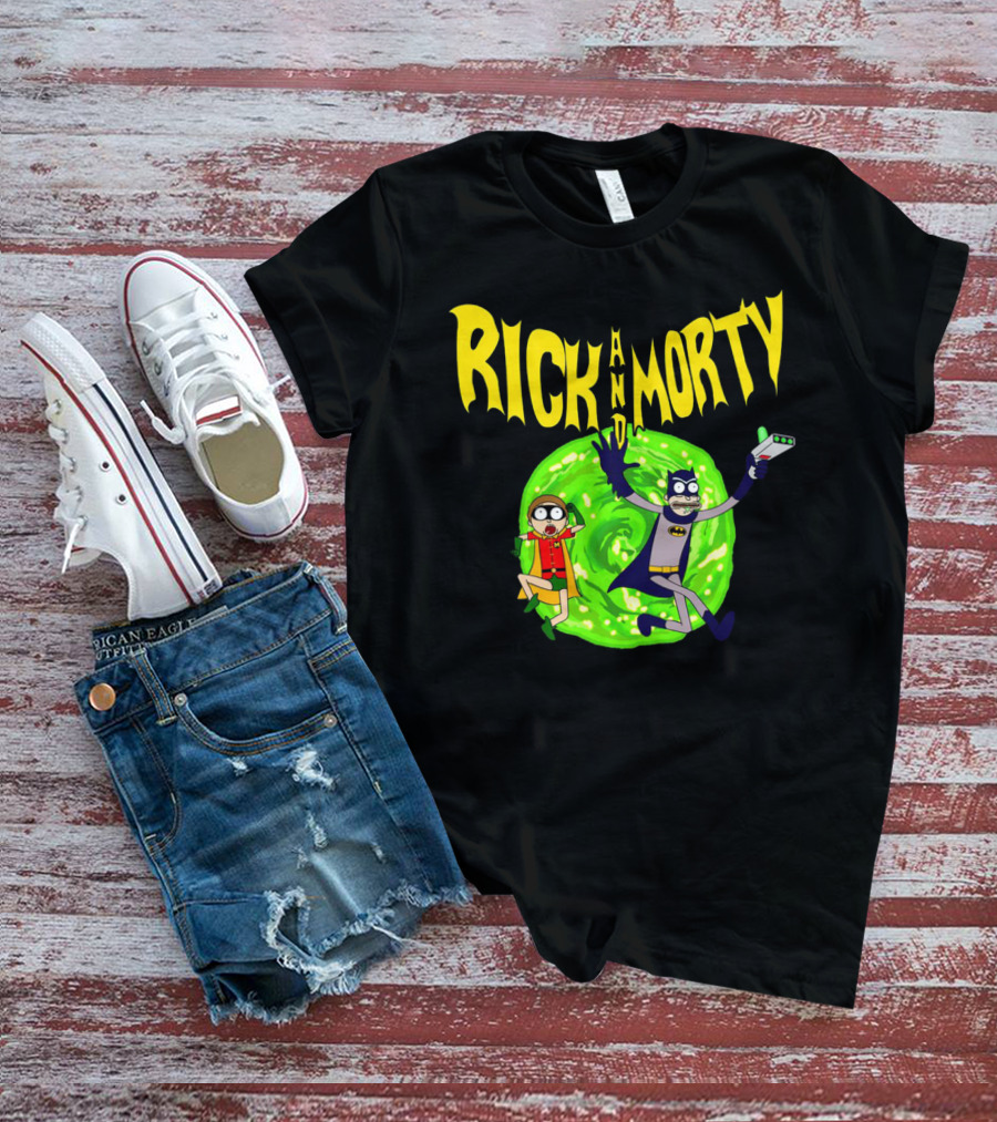 Rick And Morty In Batman Costumes With Portal Gun And Swirling Green Portal T-Shirt