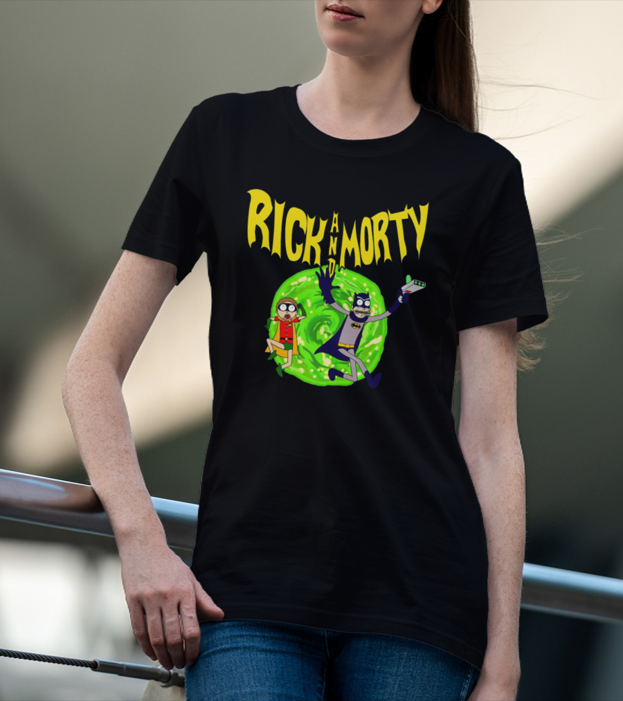 Rick And Morty In Batman Costumes With Portal Gun And Swirling Green Portal T-Shirt