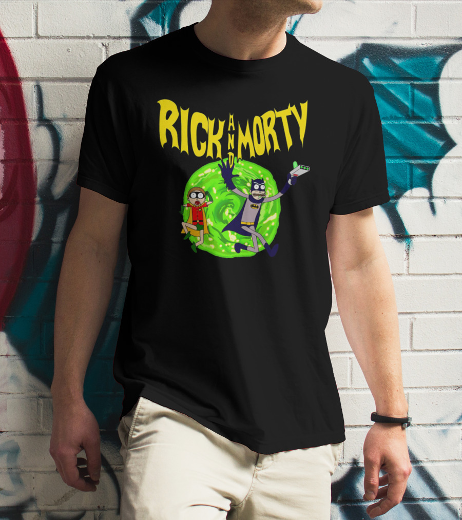 Rick And Morty In Batman Costumes With Portal Gun And Swirling Green Portal T-Shirt