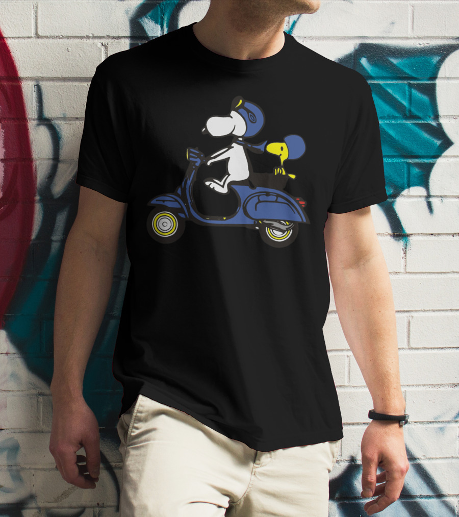 Snoopy And Woodstock Riding Blue Vespa With Helmets T-Shirt