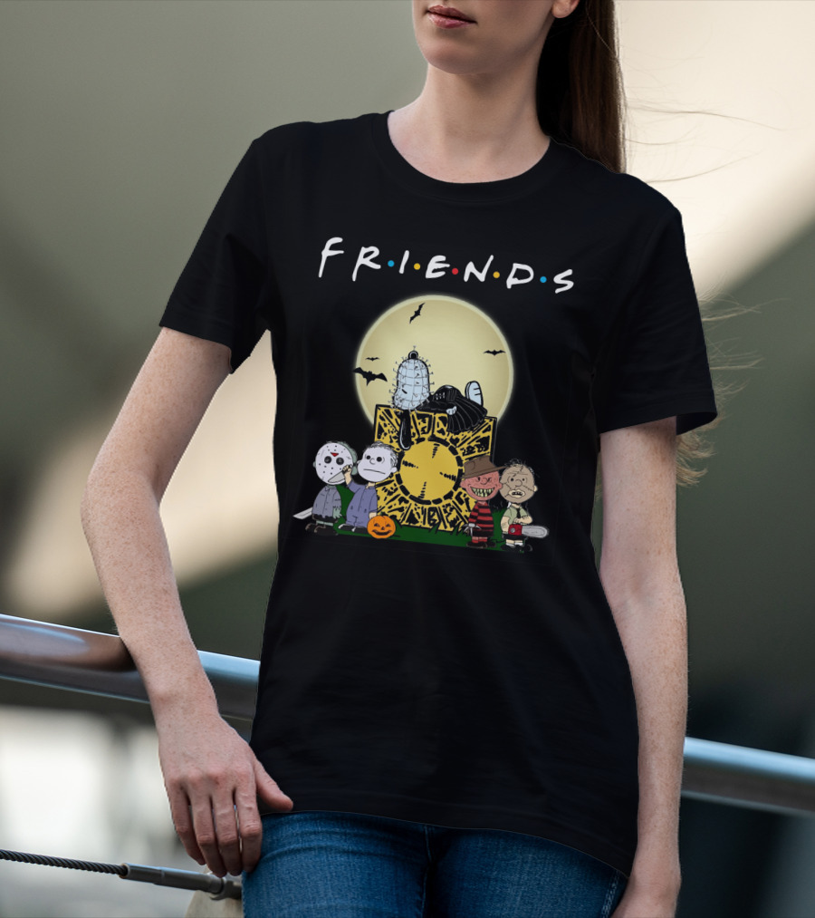 Friends Peanuts Horror Movie Characters Crossover Featuring Iconic Monsters And Symbols T-Shirt