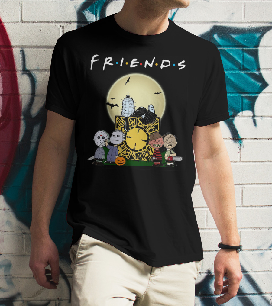 Friends Peanuts Horror Movie Characters Crossover Featuring Iconic Monsters And Symbols T-Shirt