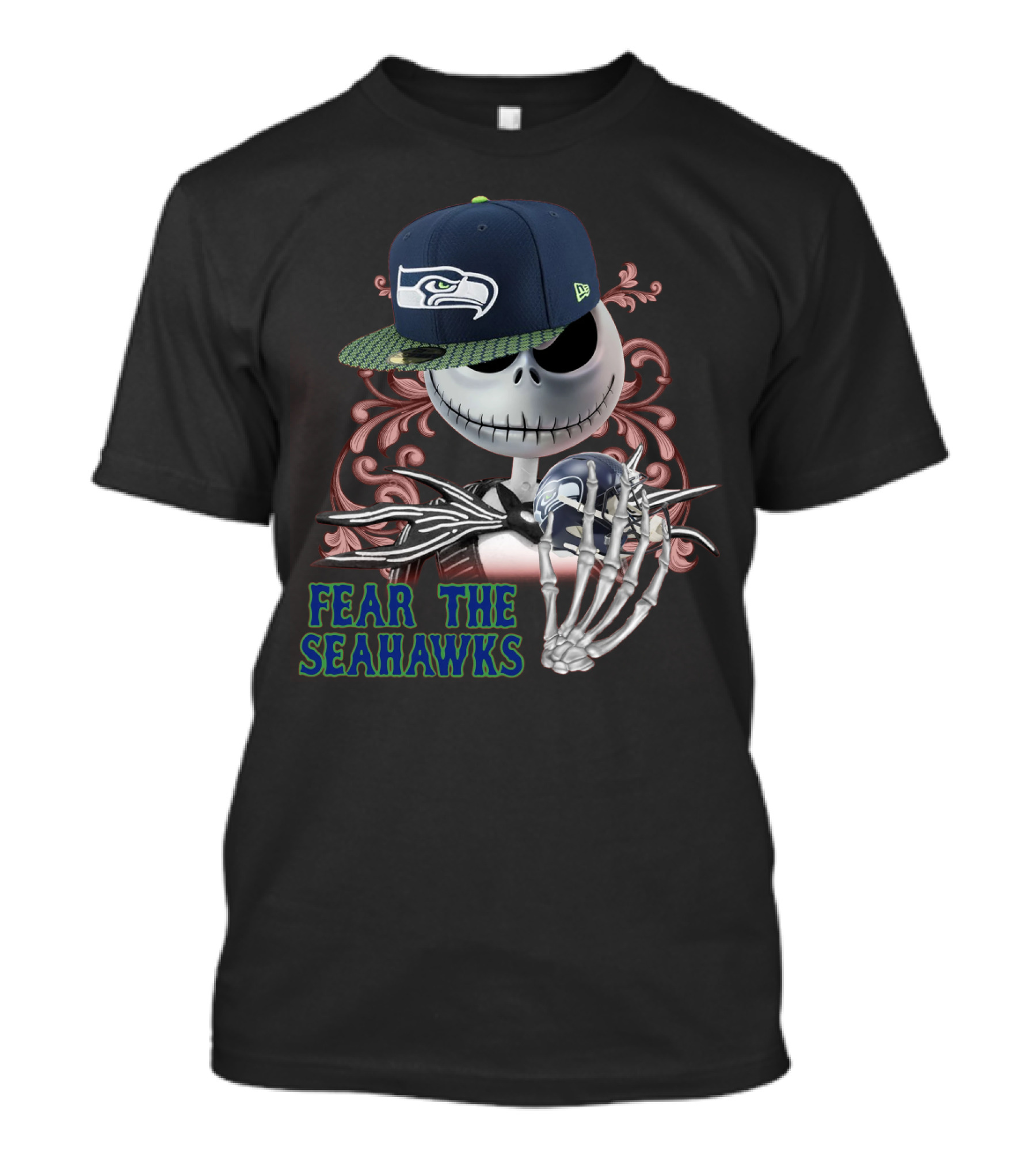 Jack Skellington Wearing Seattle Seahawks Cap With Fear The Seahawks Theme T-Shirt