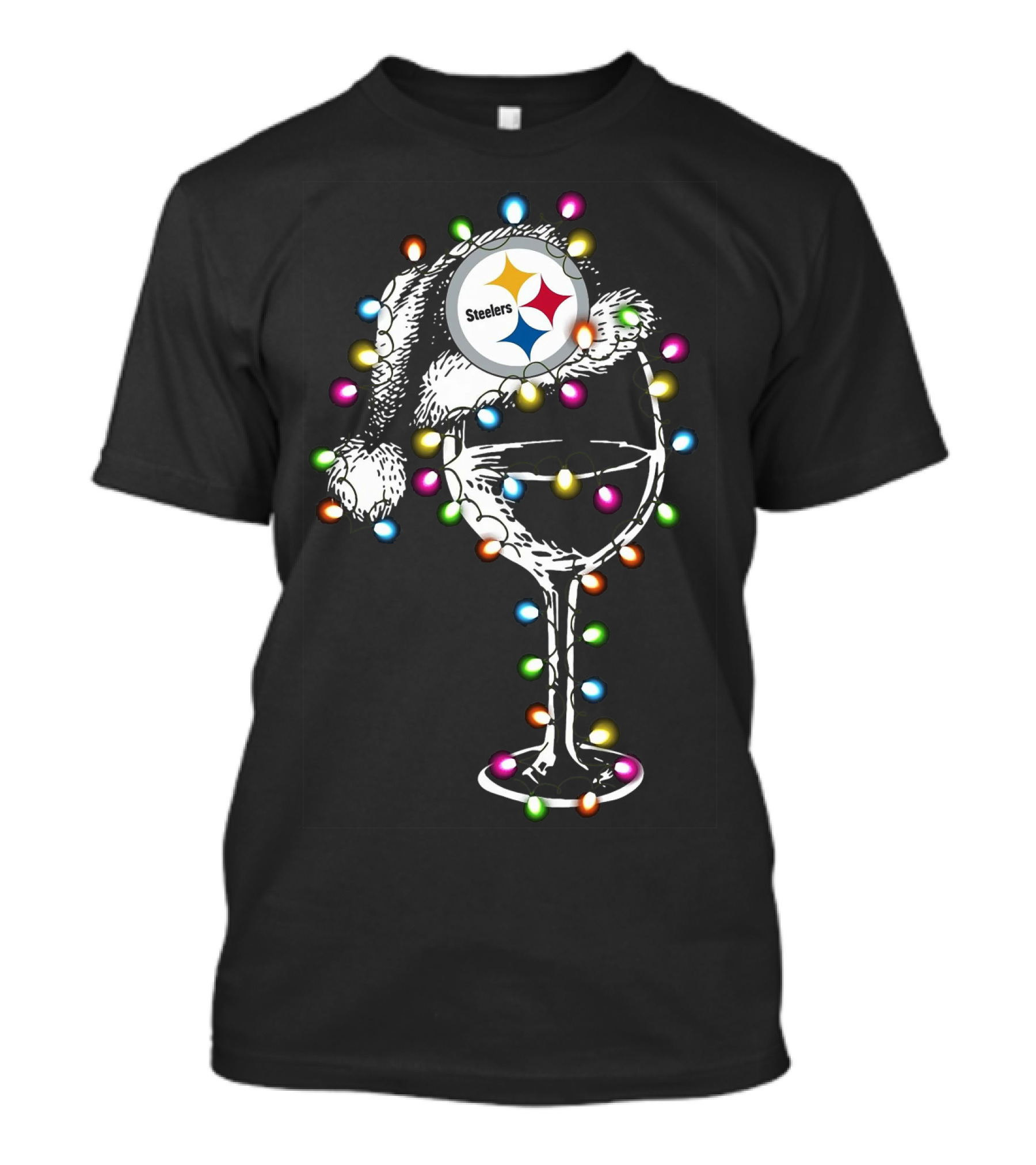 Pittsburgh Steelers Santa Hat Wine Glass With Christmas Lights T-Shirt