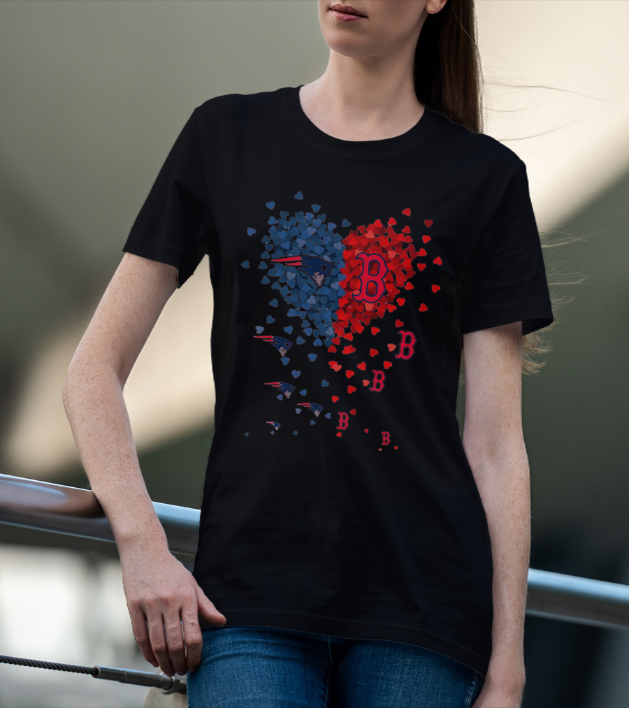 I Love New England Patriots Hearts Boston Red Sox Hearts T-Shirt