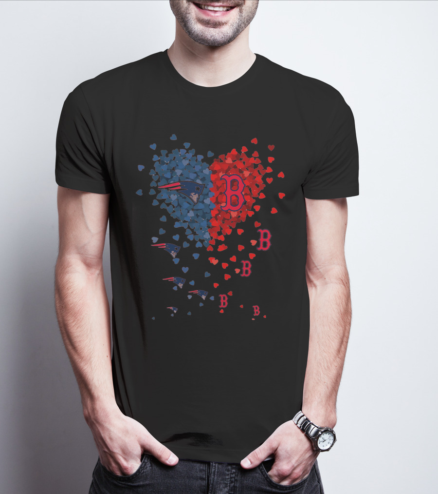 I Love New England Patriots Hearts Boston Red Sox Hearts T-Shirt