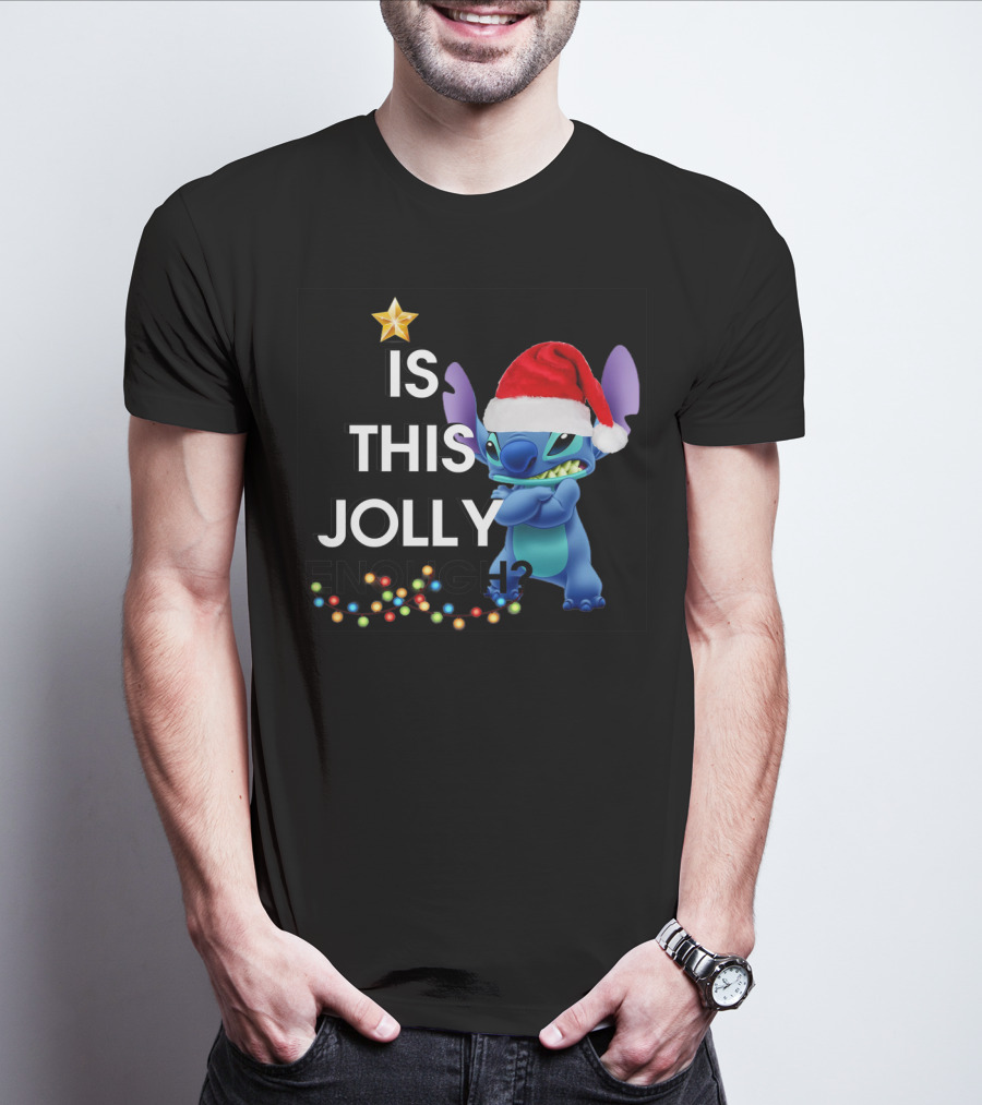Is This Jolly Enough? Stitch With Santa Hat And Christmas Lights T-Shirt