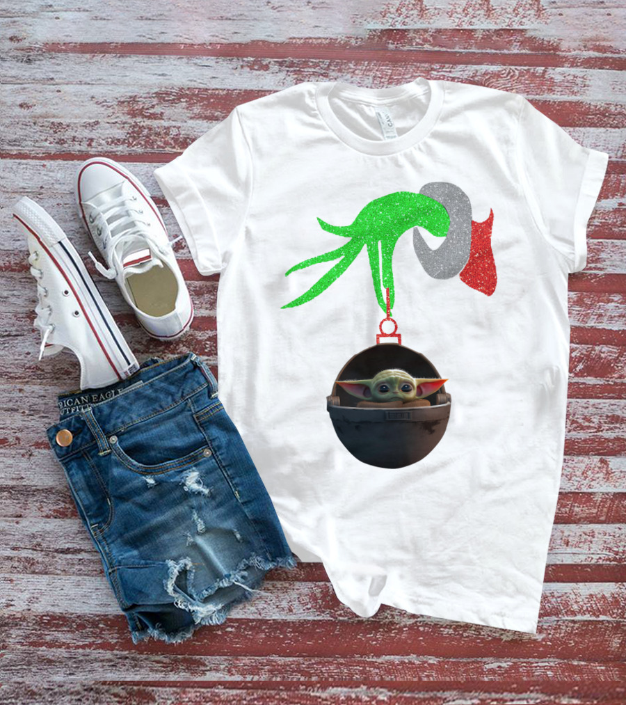 Grinch Hand Glitter Holding Baby Yoda T-Shirt