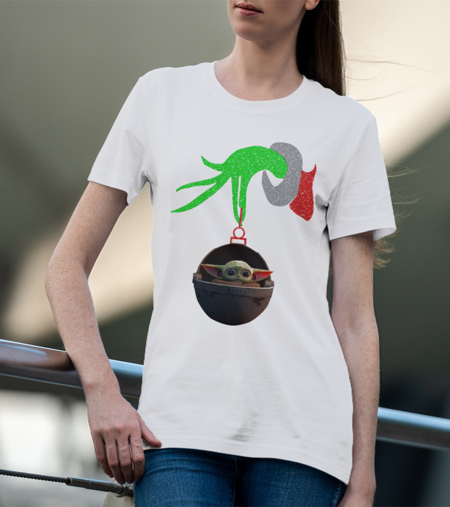 Grinch Hand Glitter Holding Baby Yoda T-Shirt