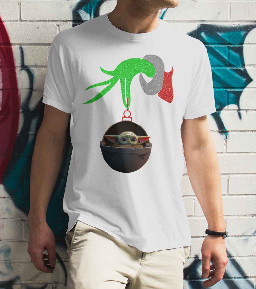 Grinch Hand Glitter Holding Baby Yoda T-Shirt