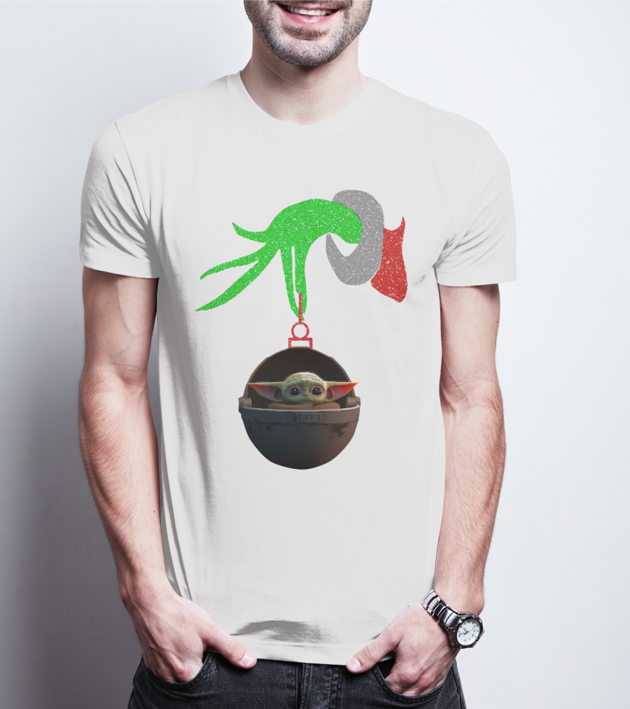 Grinch Hand Glitter Holding Baby Yoda T-Shirt