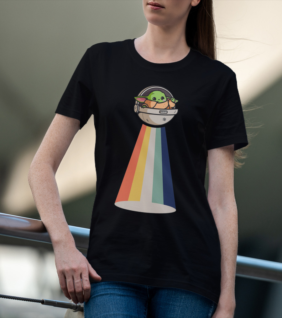 Baby Yoda Spaceship Rainbow Glow T-Shirt