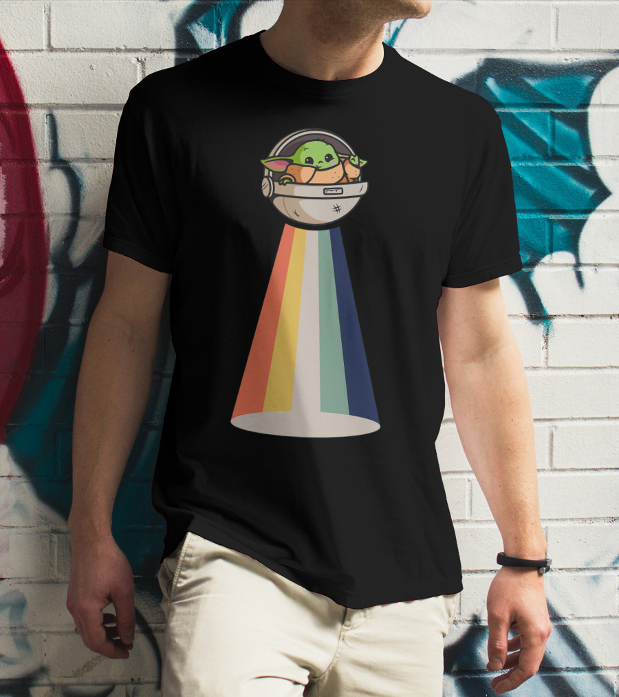 Baby Yoda Spaceship Rainbow Glow T-Shirt