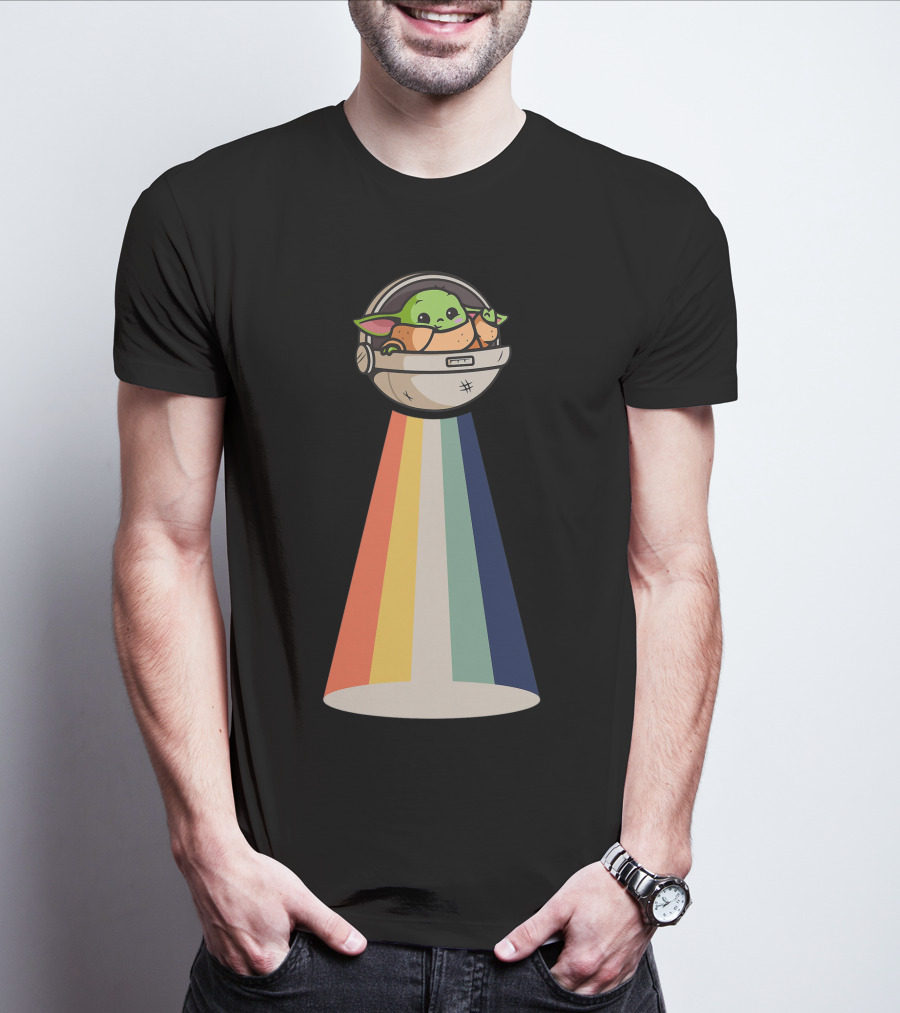 Baby Yoda Spaceship Rainbow Glow T-Shirt