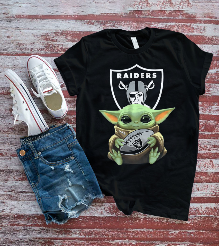 Raiders Baby Yoda Hugs Football With Shield T-Shirt