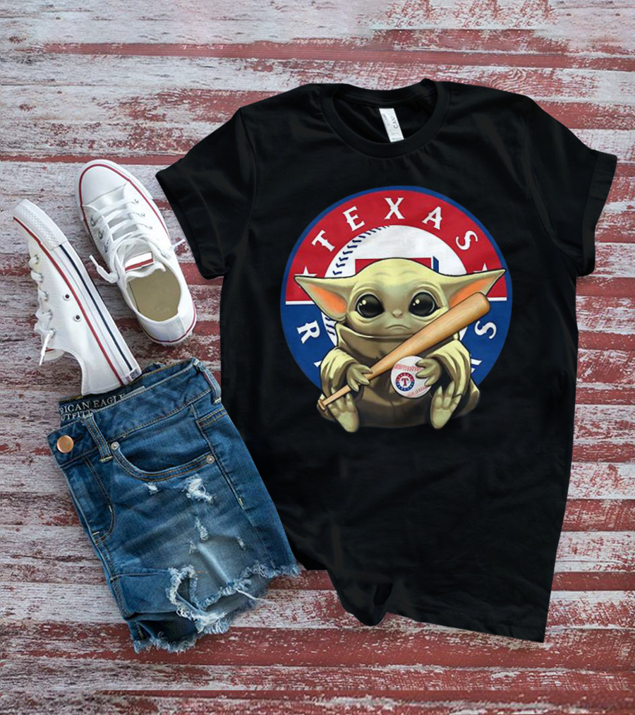 Baby Yoda Texas Rangers Baseball Fan With Bat And Ball T-Shirt