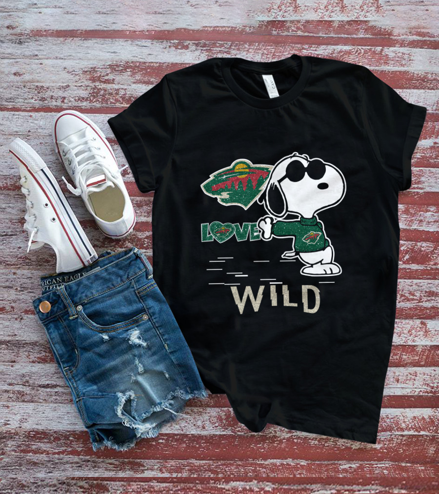 Snoopy Wearing Minnesota Wild Hockey Jersey With Love Wild Logo Elements T-Shirt
