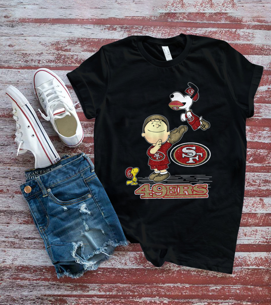 Snoopy And Woodstock With San Francisco 49ers Sf Logo In Red And Gold T-Shirt