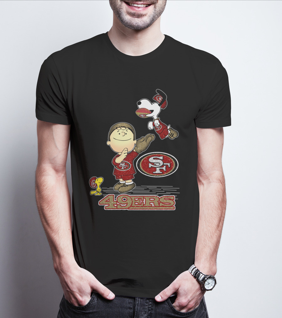 Snoopy And Woodstock With San Francisco 49ers Sf Logo In Red And Gold T-Shirt