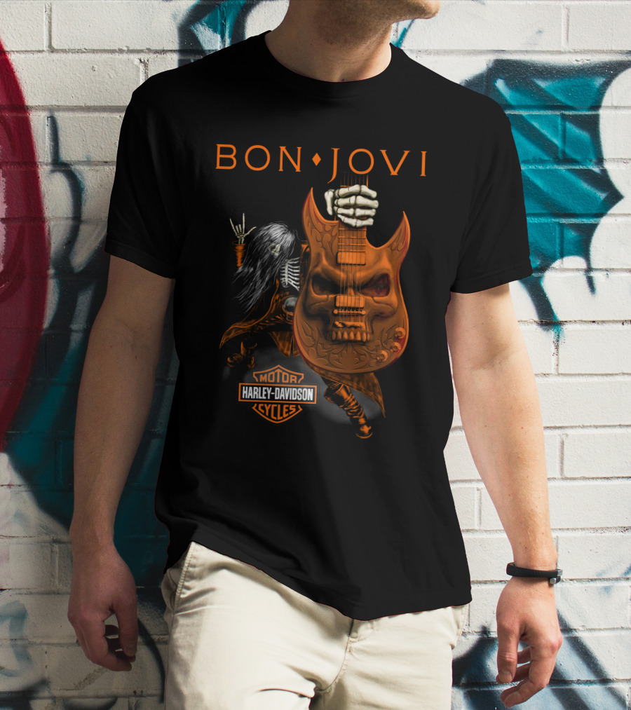 Bon Jovi Harley Davidson Cycles Skeleton Guitar Rockstar T-Shirt