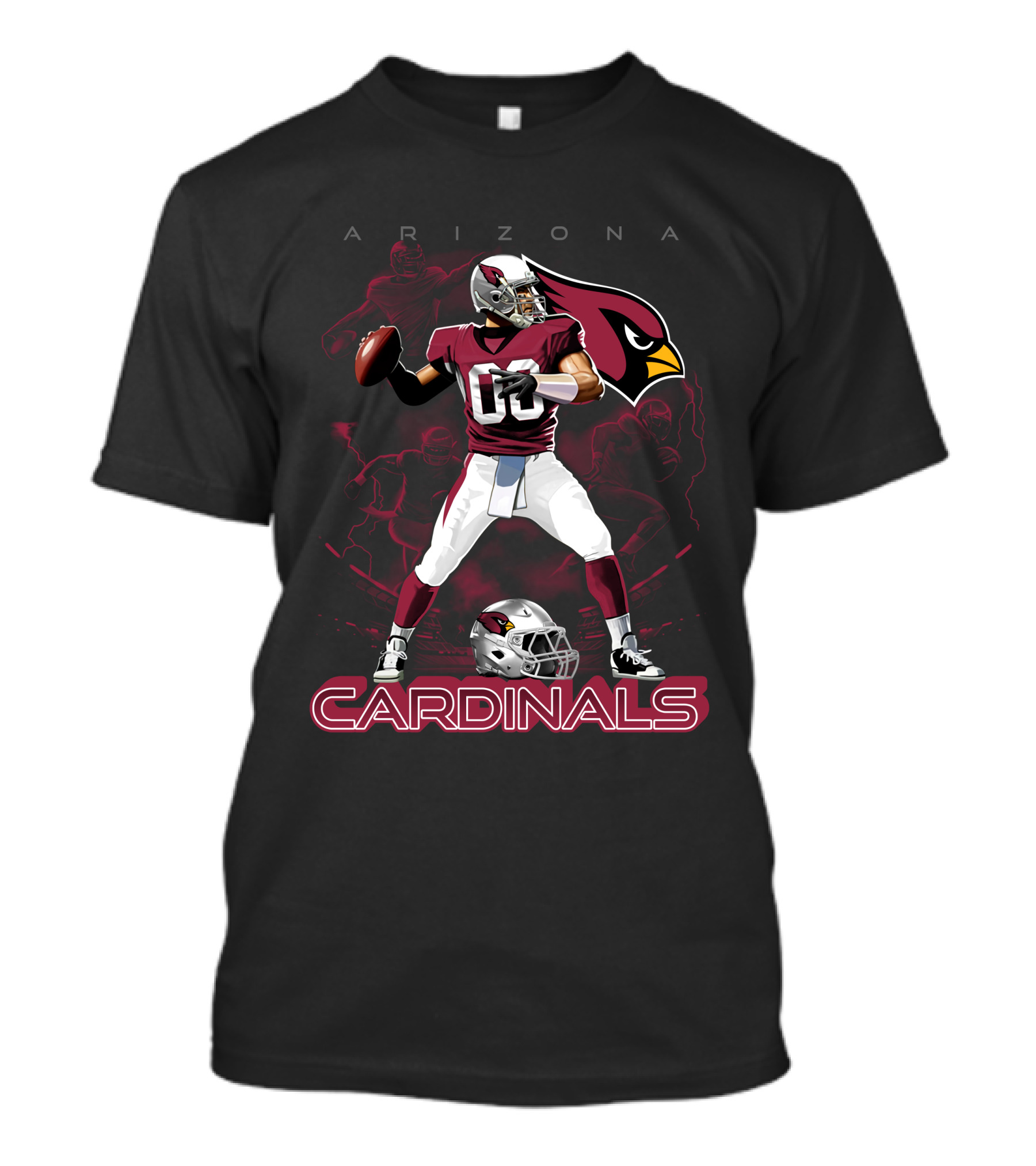 Arizona Cardinals Football Player Graphic With Team Logo And Helmet T-Shirt