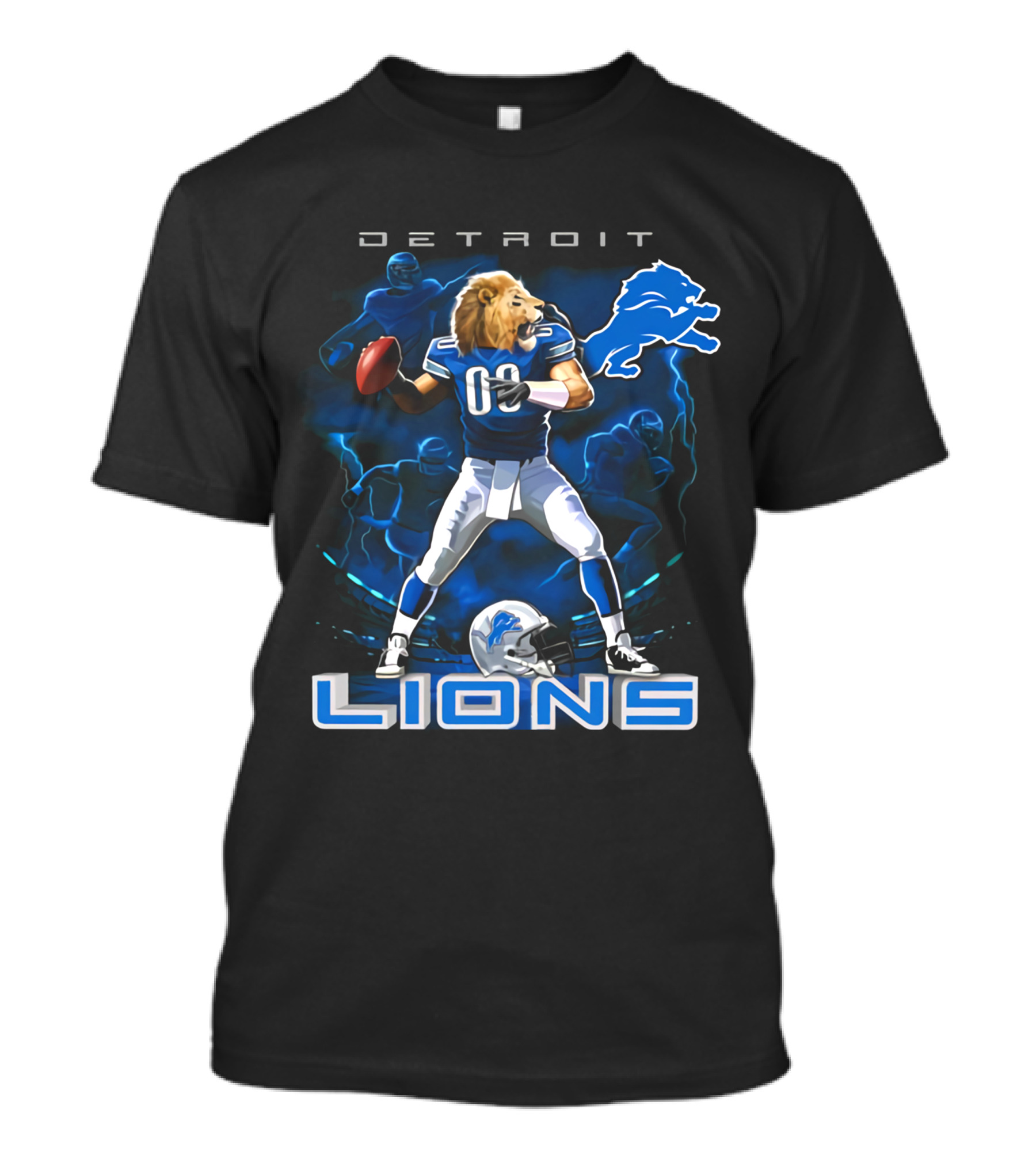 Detroit Lions Lion-Headed Quarterback Action Fantasy Scene T-Shirt
