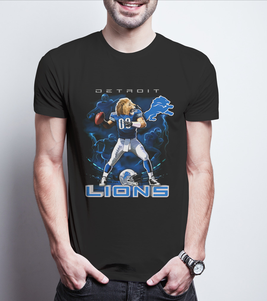 Detroit Lions Lion-Headed Quarterback Action Fantasy Scene T-Shirt