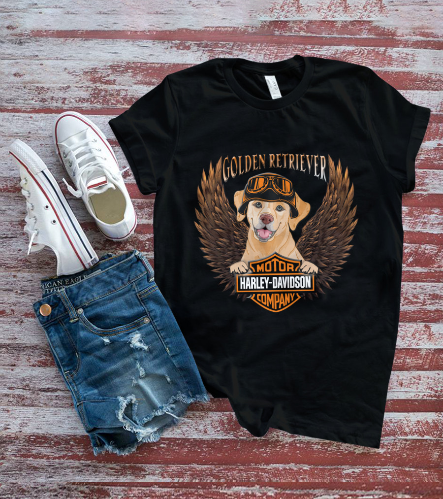 Harley Davidson Golden Retriever Motor Company Winged Logo T-Shirt