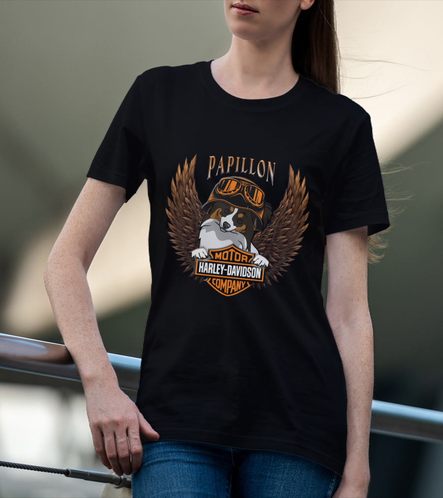 Papillon Harley Davidson Motor Company Wings Dog With Goggles T-Shirt