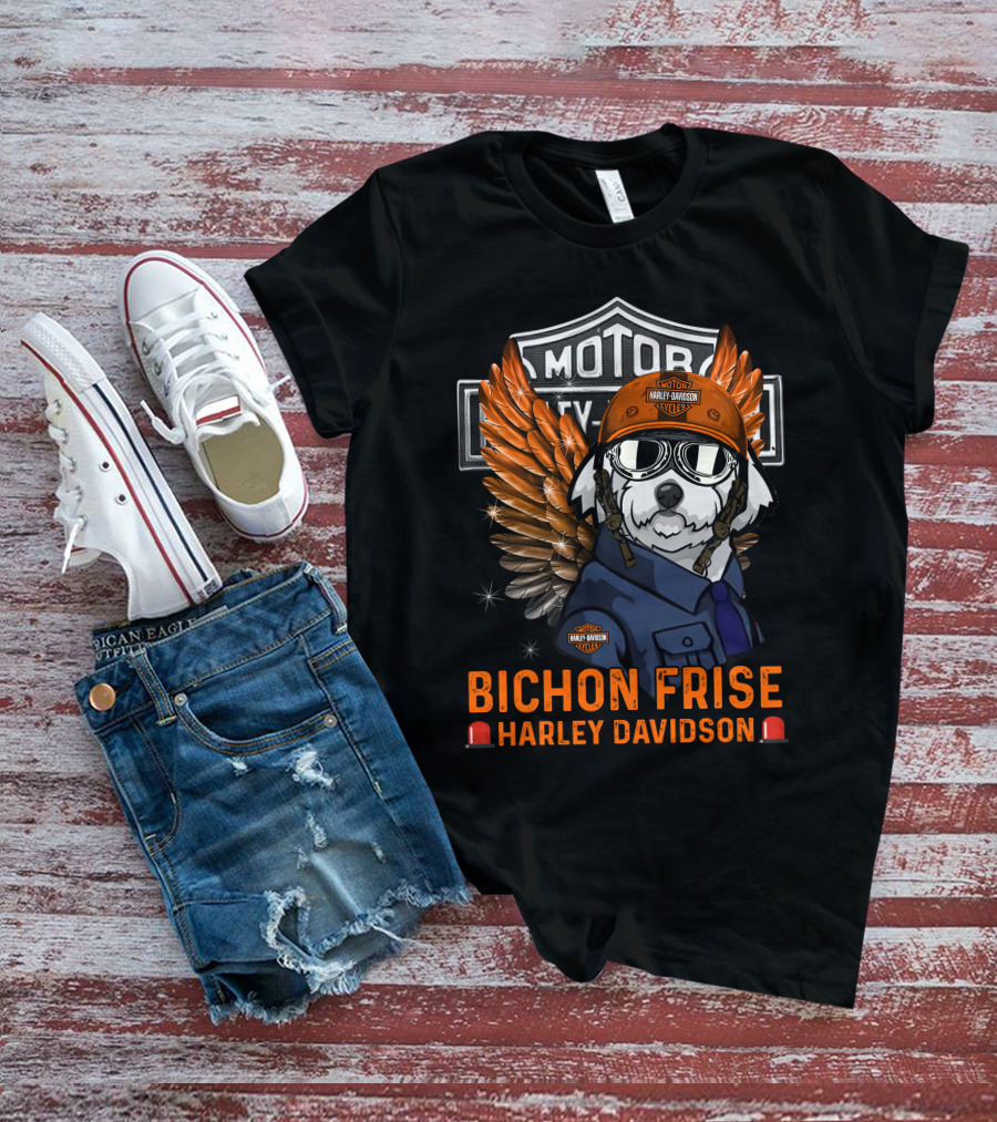 Bichon Frise Harley Davidson Motorcycles Winged Dog Pilot T-Shirt