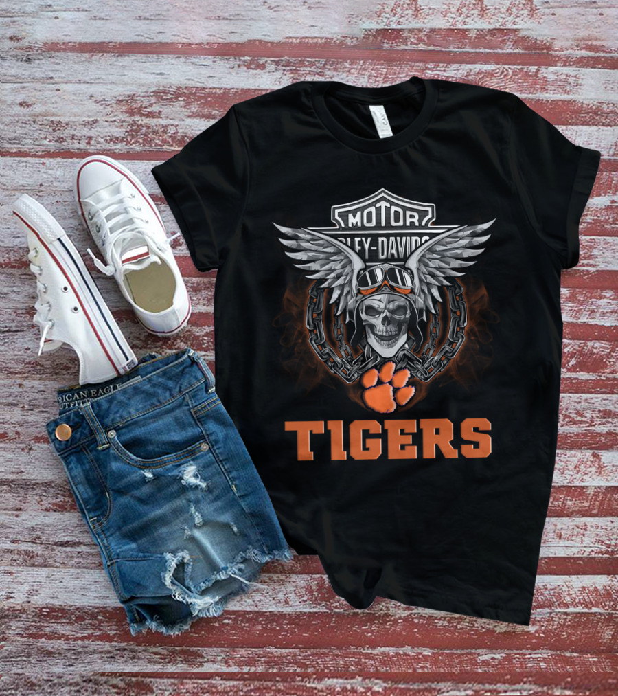Tigers Hd Clemson Tigers Ncaa Football Fans Harley Davidson Skull Wings Chain T-Shirt