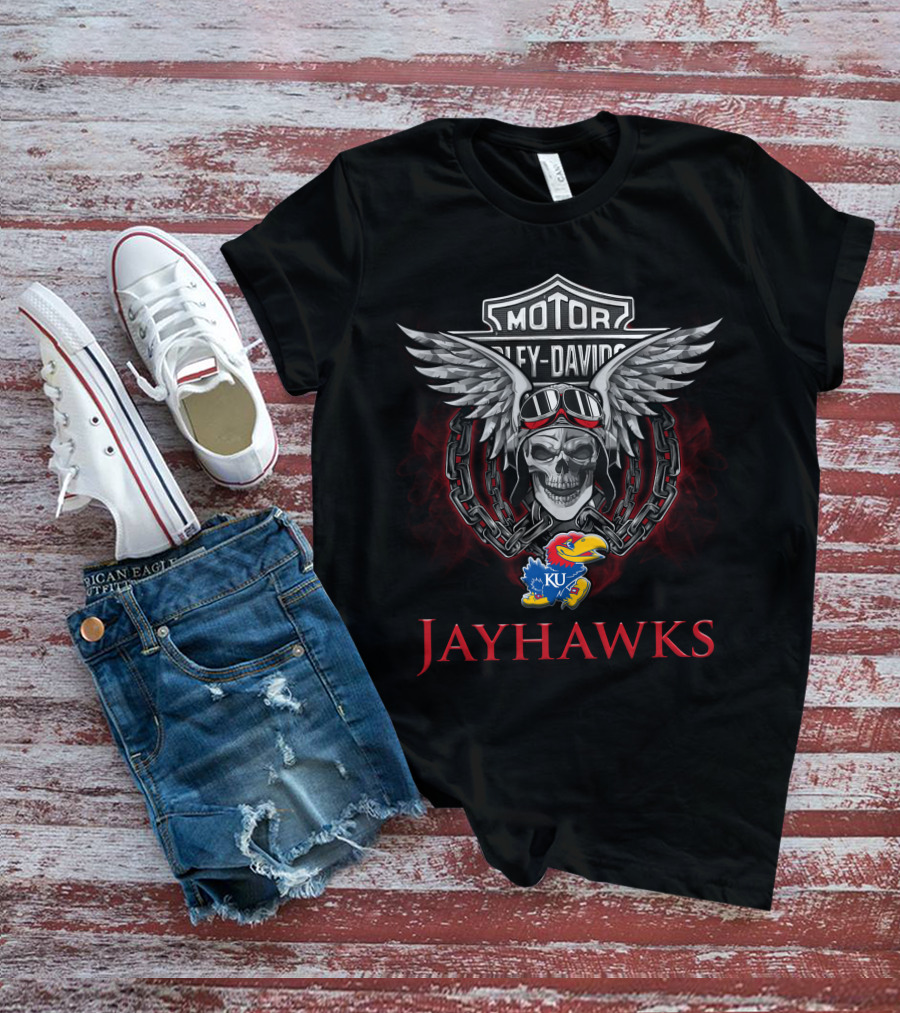 Motor Harley Davidson Skull With Wings Jayhawks Ku Kansas Football Fans T-Shirt