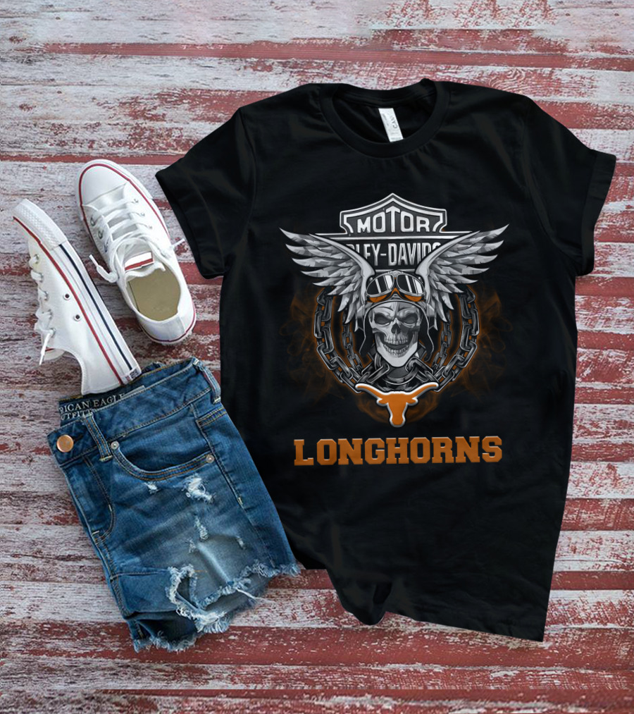 Texas Longhorns Harley Davidson Football Fans Motorcycle Skull Wings T-Shirt