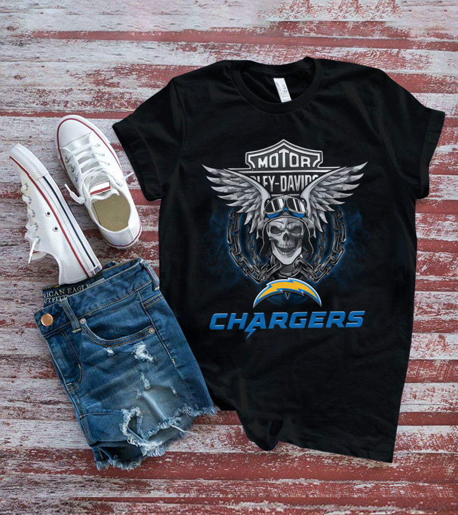 Hd Los Angeles Chargers Nfl Football Fans Harley Davidson Skull Wings T-Shirt