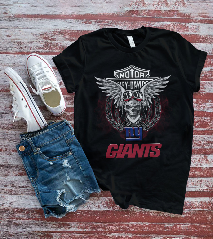 Motor Harley Davidson Ny Giants Skull Wings Nfl Football Fans T-Shirt