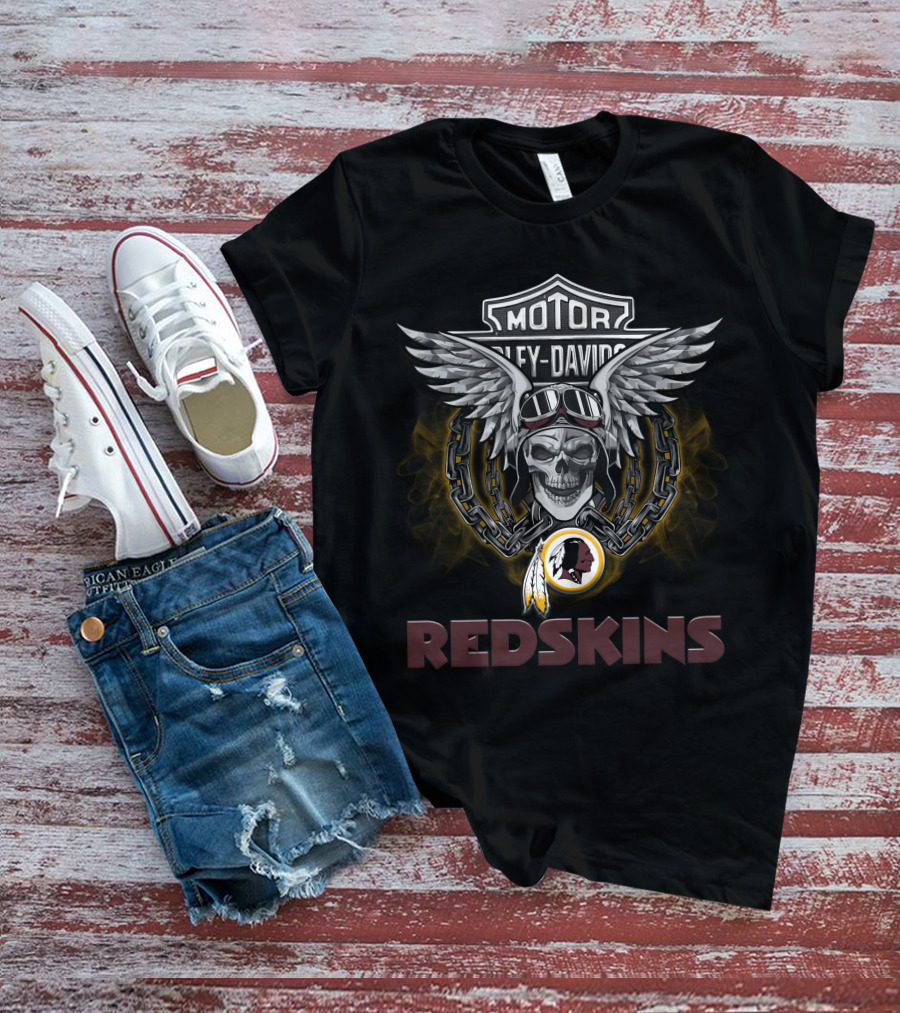 Motor Harley Davidson Style Redskins Skull With Wings For Nfl Football Fans T-Shirt