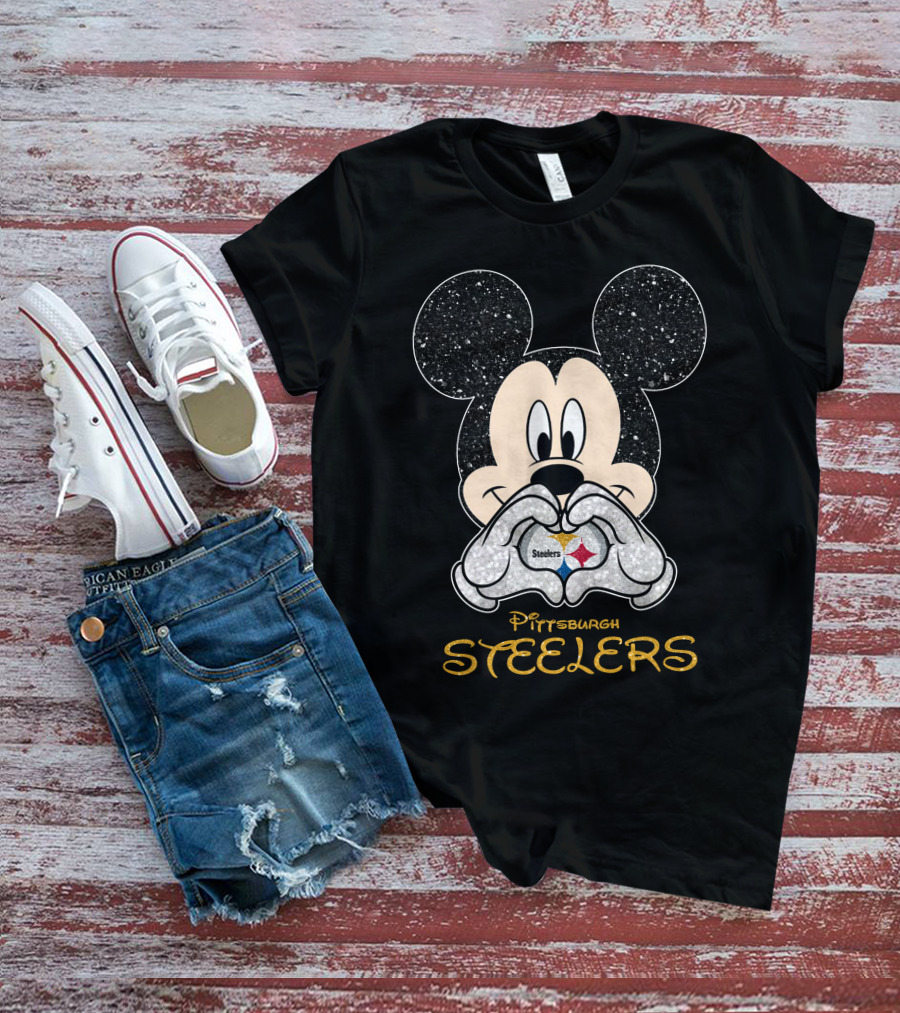 Mickey Pittsburgh Steelers Sparkle Heart T-Shirt