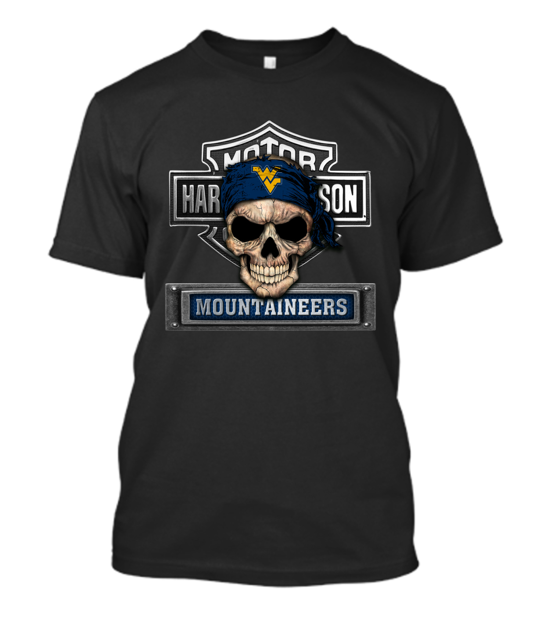 Harley Davidson Skull With West Virginia Mountaineers Logo And Bandana T-Shirt