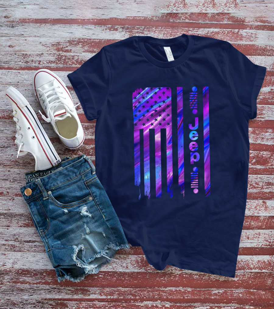 Jeep Girl American Flag Stars Purple Blue T-Shirt