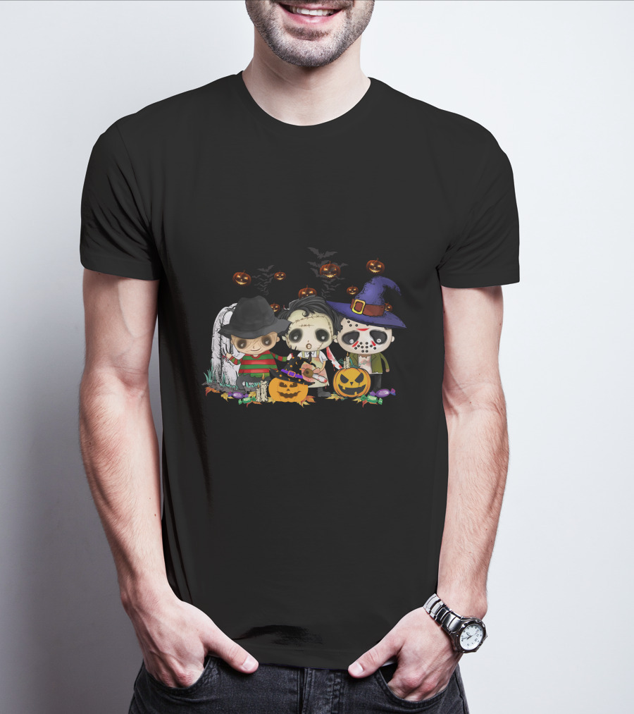 Halloween Horror Icons Trio With Jack-O'-Lanterns And Candy T-Shirt
