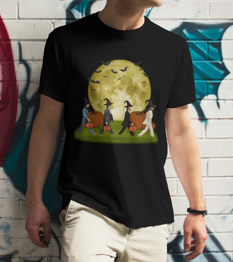 Abbey Road Halloween Crossing With Pumpkins And Witches Under Full Moon T-Shirt