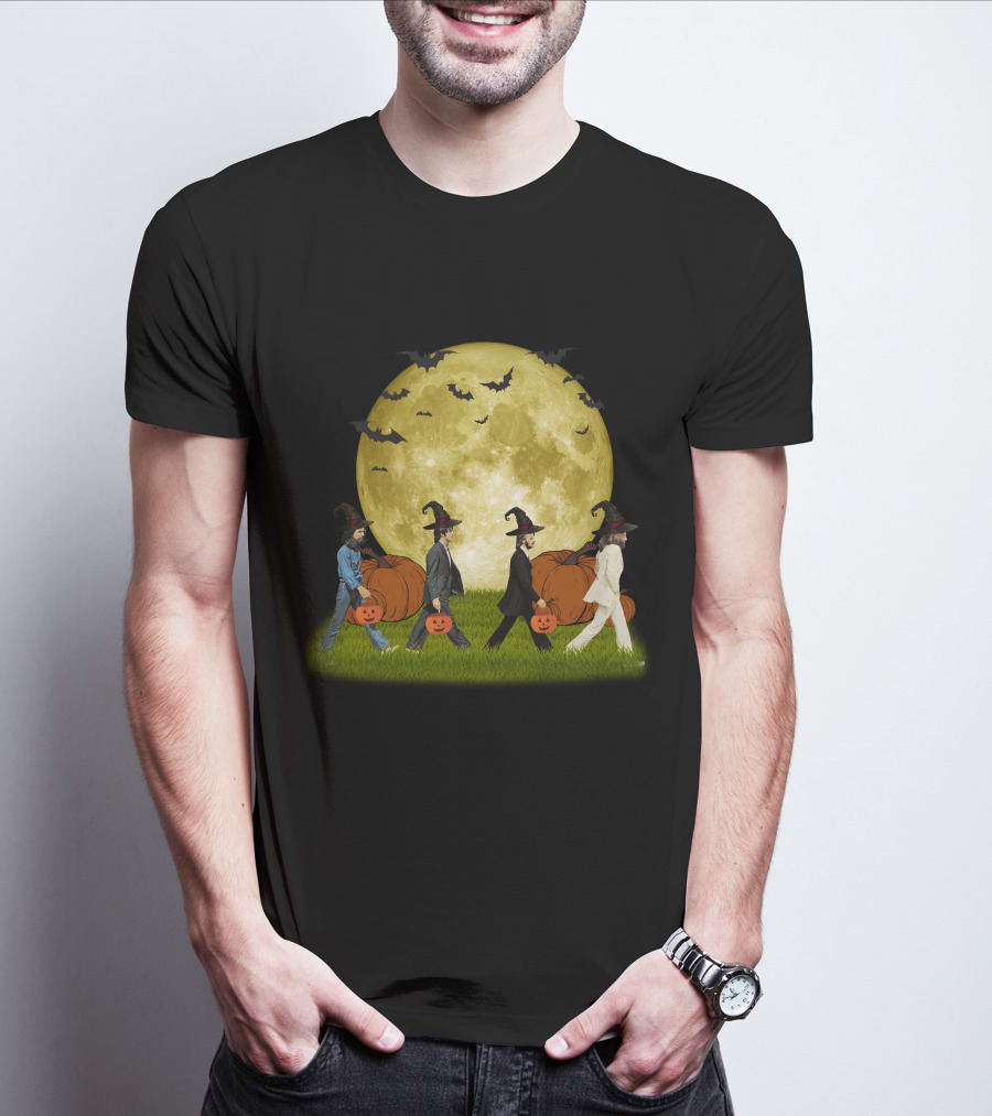 Abbey Road Halloween Crossing With Pumpkins And Witches Under Full Moon T-Shirt