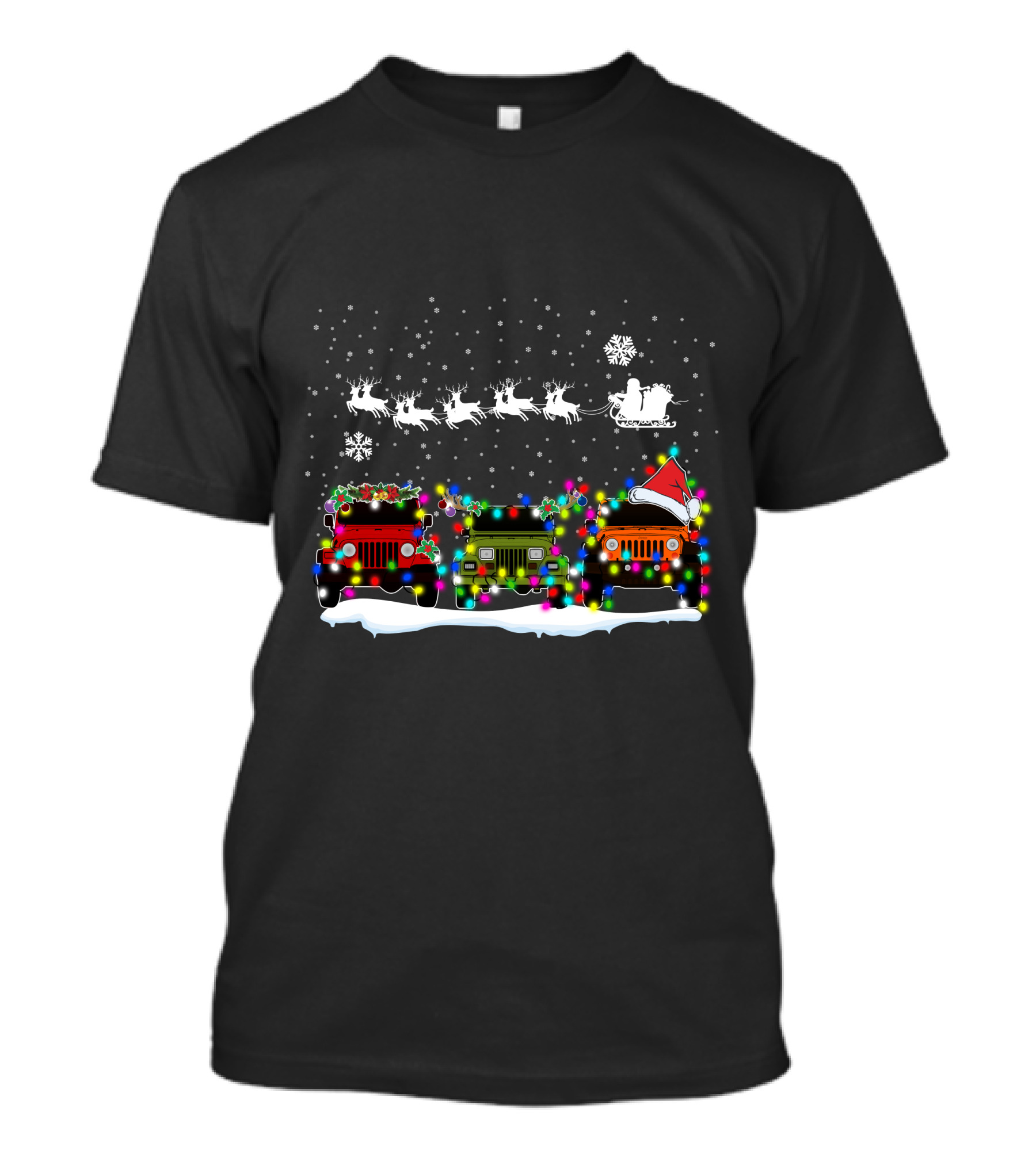 Christmas Jeep Lights With Santa Sleigh And Snowflakes T-Shirt